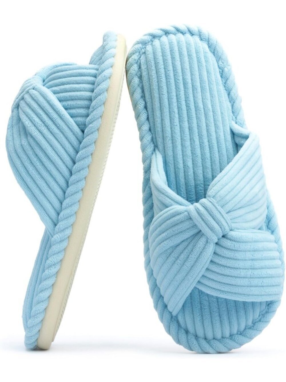 Women's Light Blue Corduroy Bow Comfortable Bedroom Spa Open Toe Slipper Shoes